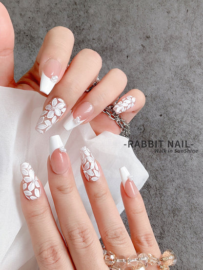 Floral French Handmade Wearable Nails