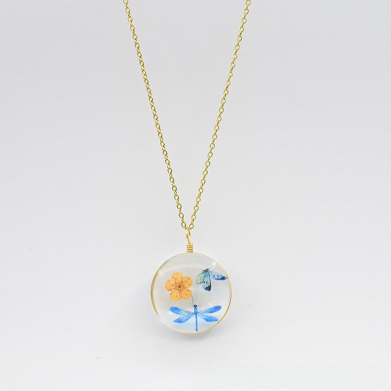Floral Glass Pendant Necklace with Butterfly Design
