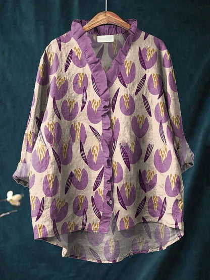 Floral Lace Collar Polyester Blouse