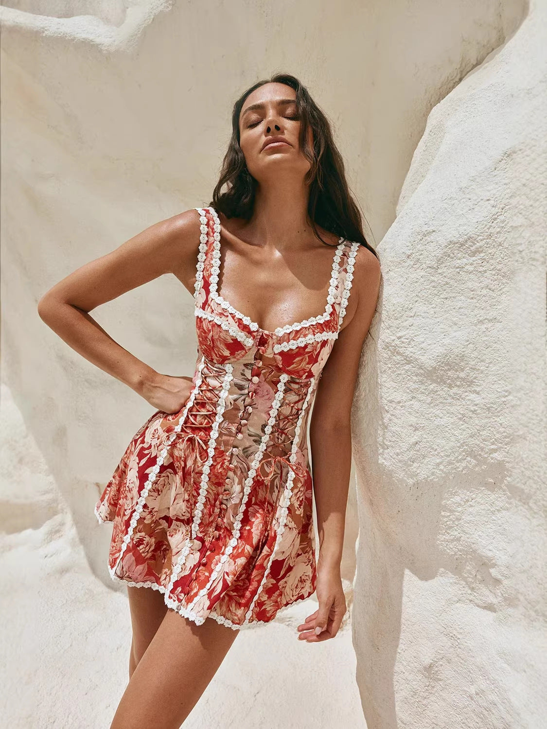 Floral Lace Strap V-Neck Linen Dress
