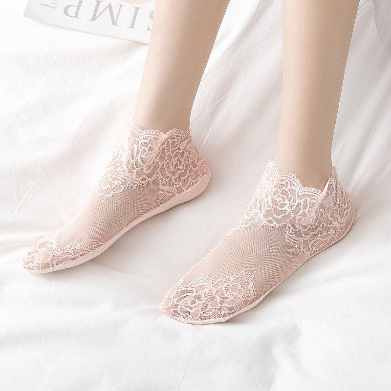 Floral Lace Trim Breathable Cotton Socks