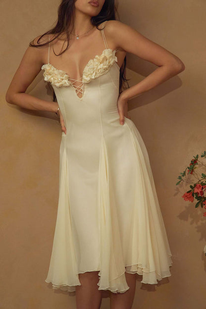 Floral Lace-up Evening Dress with Deep V-Neck