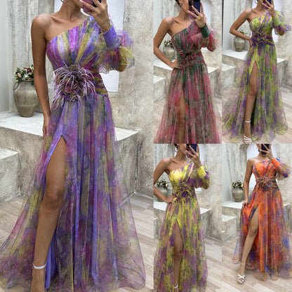 Floral Mesh Slant Shoulder Dress