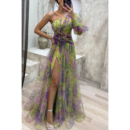 Floral Mesh Slant Shoulder Dress