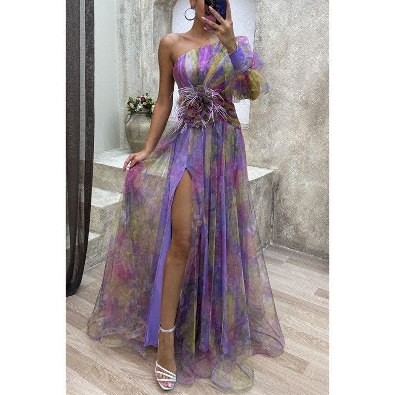 Floral Mesh Slant Shoulder Dress