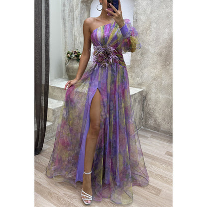 Floral Mesh Slant Shoulder Dress