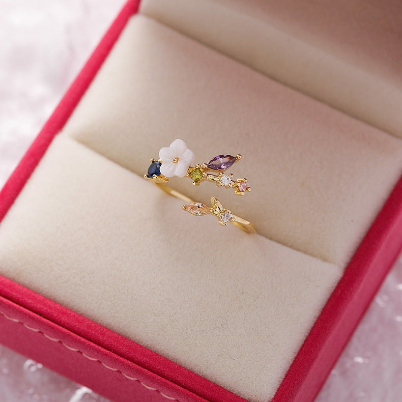 Floral Micro-Set Crystal Adjustable Ring