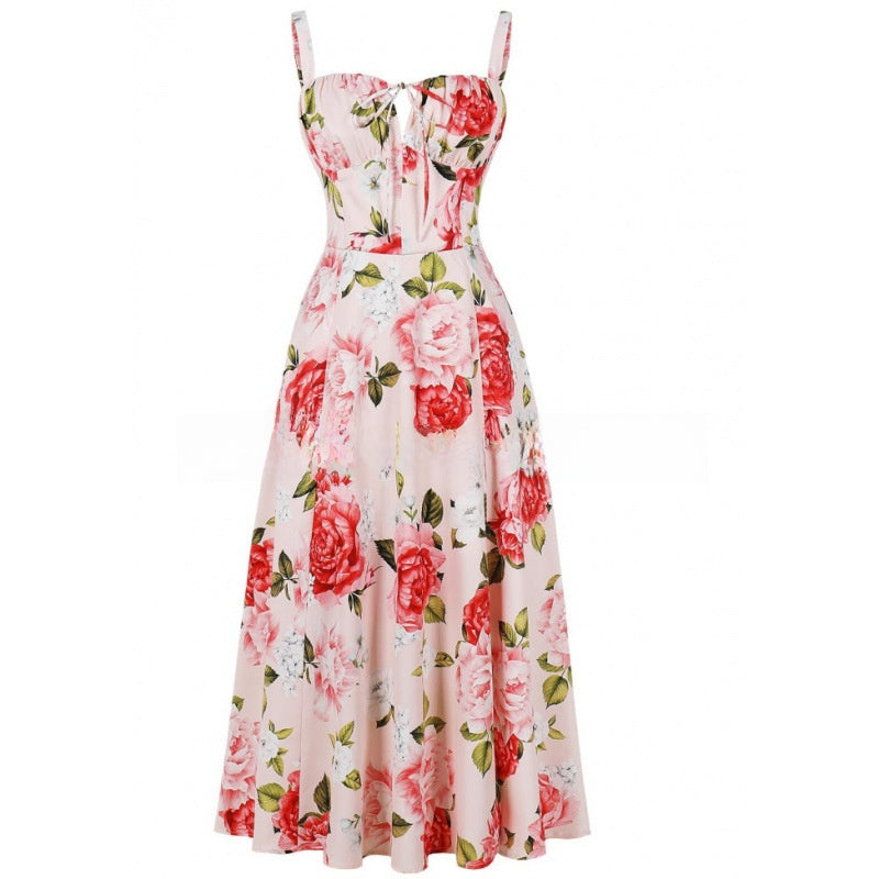 Floral Neck Slit Flared Dress