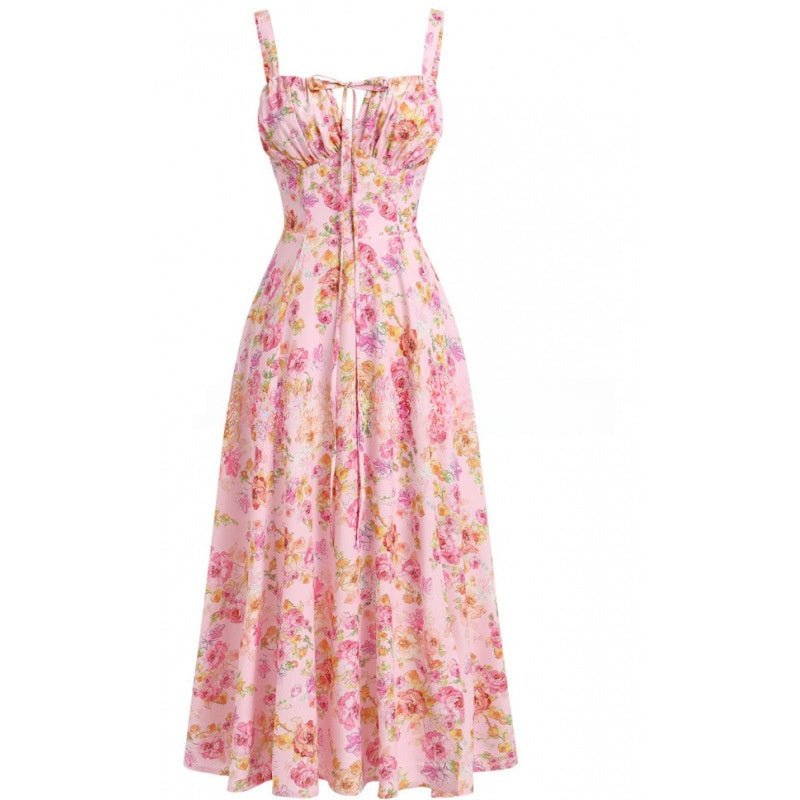 Floral Neck Slit Flared Dress