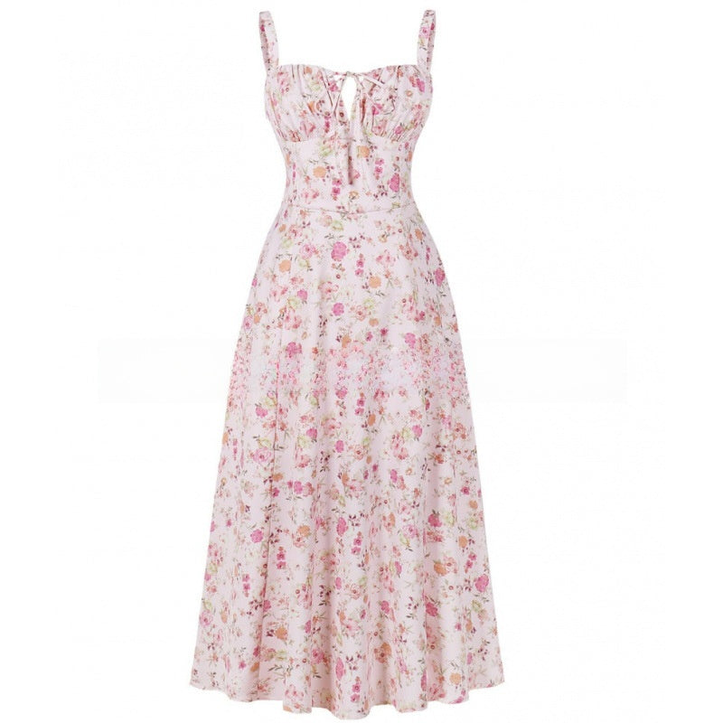 Floral Neck Slit Flared Dress
