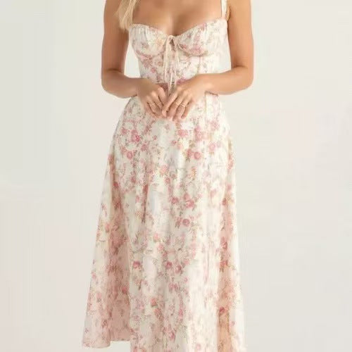 Floral Neck Slit Flared Dress