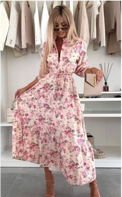 Floral Neck Slit Flared Dress