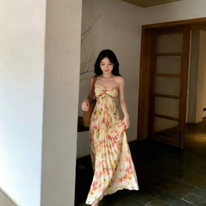Floral OffShoulder TieNeck Long Dress