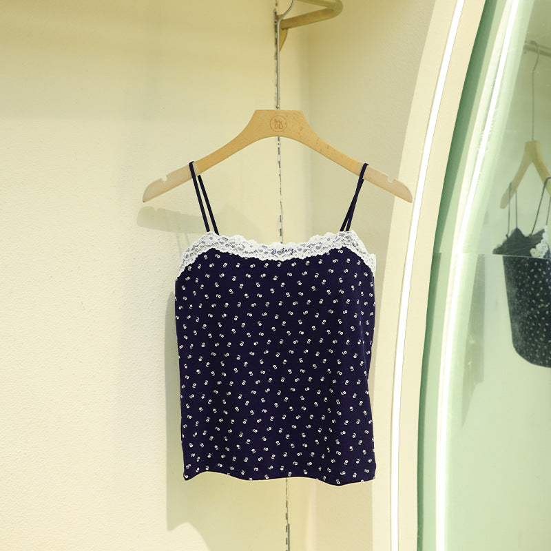 Floral-patterned breathable top with built-in padded cups, suitable for both inner and outer wear