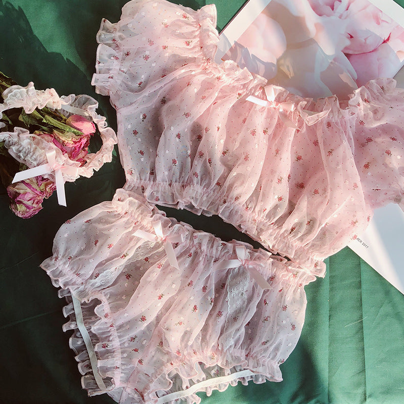Floral-patterned net lingerie set