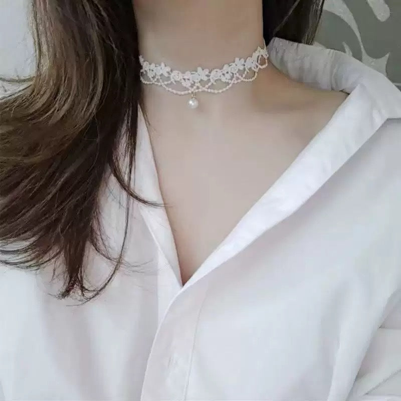Floral Pearl Lace Choker Necklace