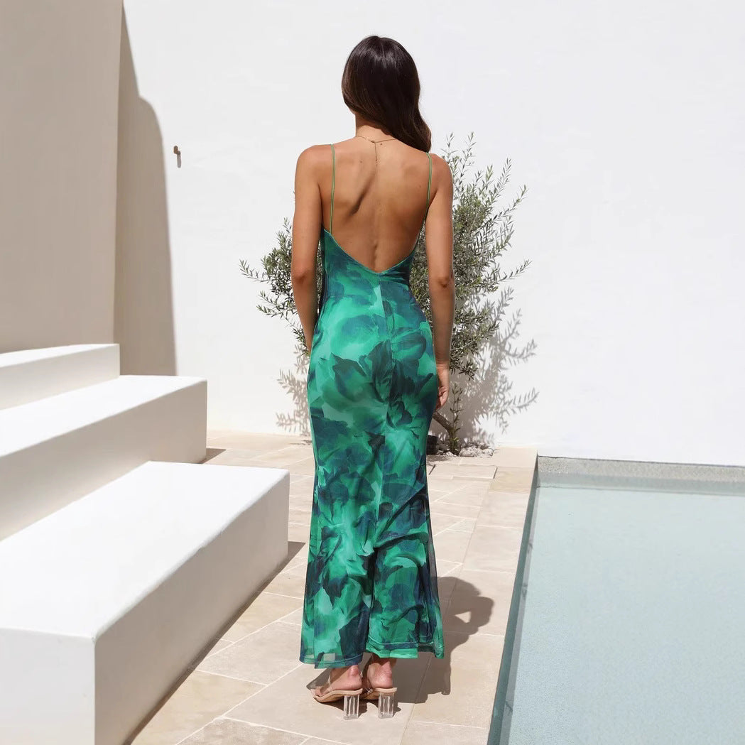 Floral Print Backless Slip Dress