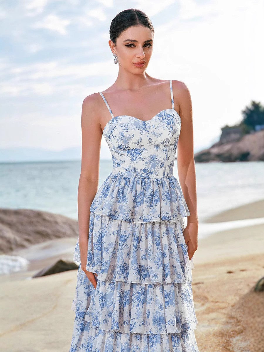 Floral Print Chiffon Dress with Tie Waist