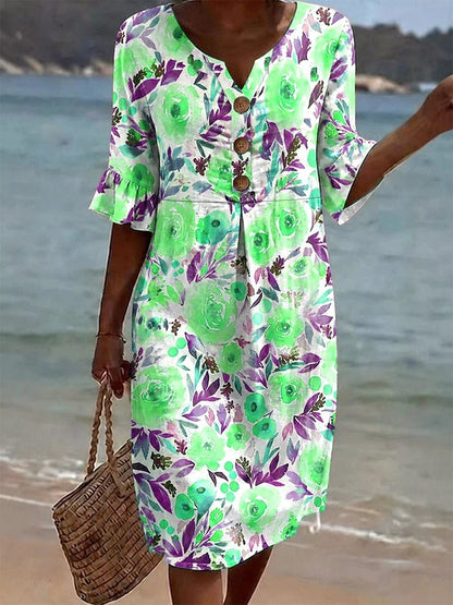 Floral Print Chiffon Maxi Dress with Bell Sleeves