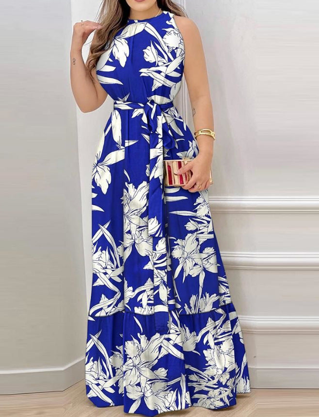 Floral Print Halter Neck Ruffle Dress
