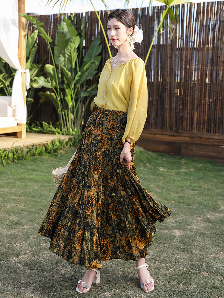 Floral Print High Waist Pleated Skirt