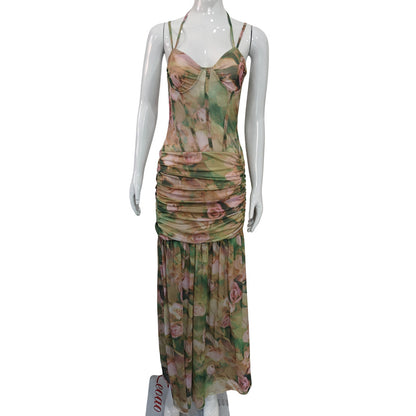 Floral Print High Waist Slit Summer Dress