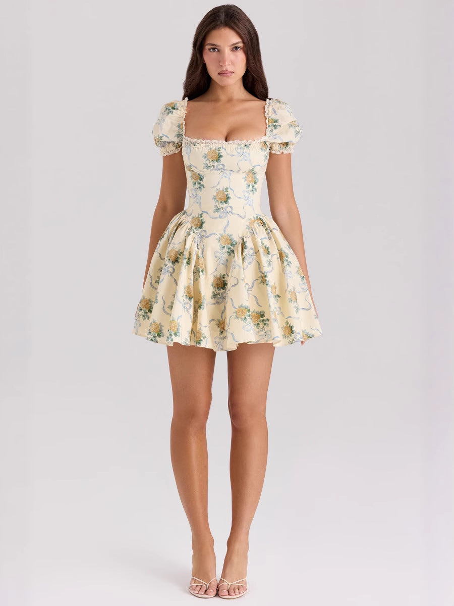 Floral Print Lace Square Neck Puff Sleeve Dress
