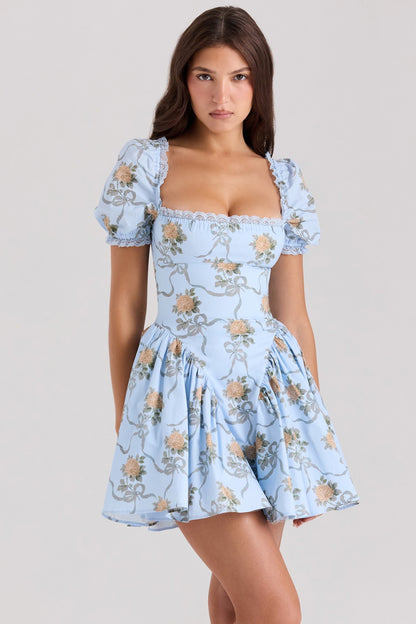 Floral Print Lace Square Neck Puff Sleeve Dress