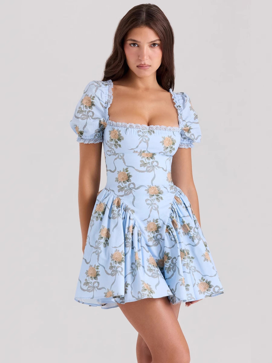 Floral Print Lace Square Neck Puff Sleeve Dress