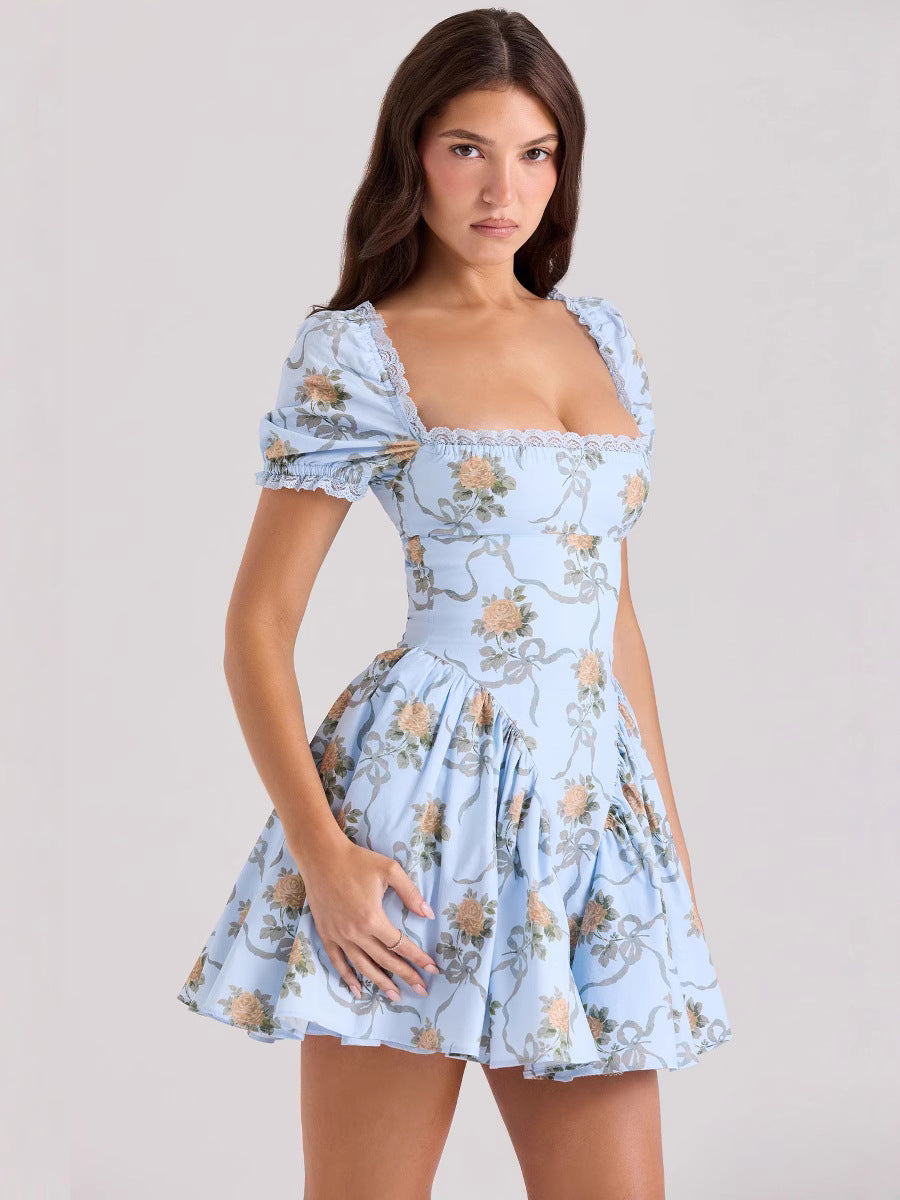 Floral Print Lace Square Neck Puff Sleeve Dress