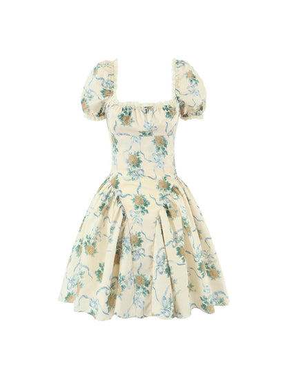 Floral Print Lace Square Neck Puff Sleeve Dress