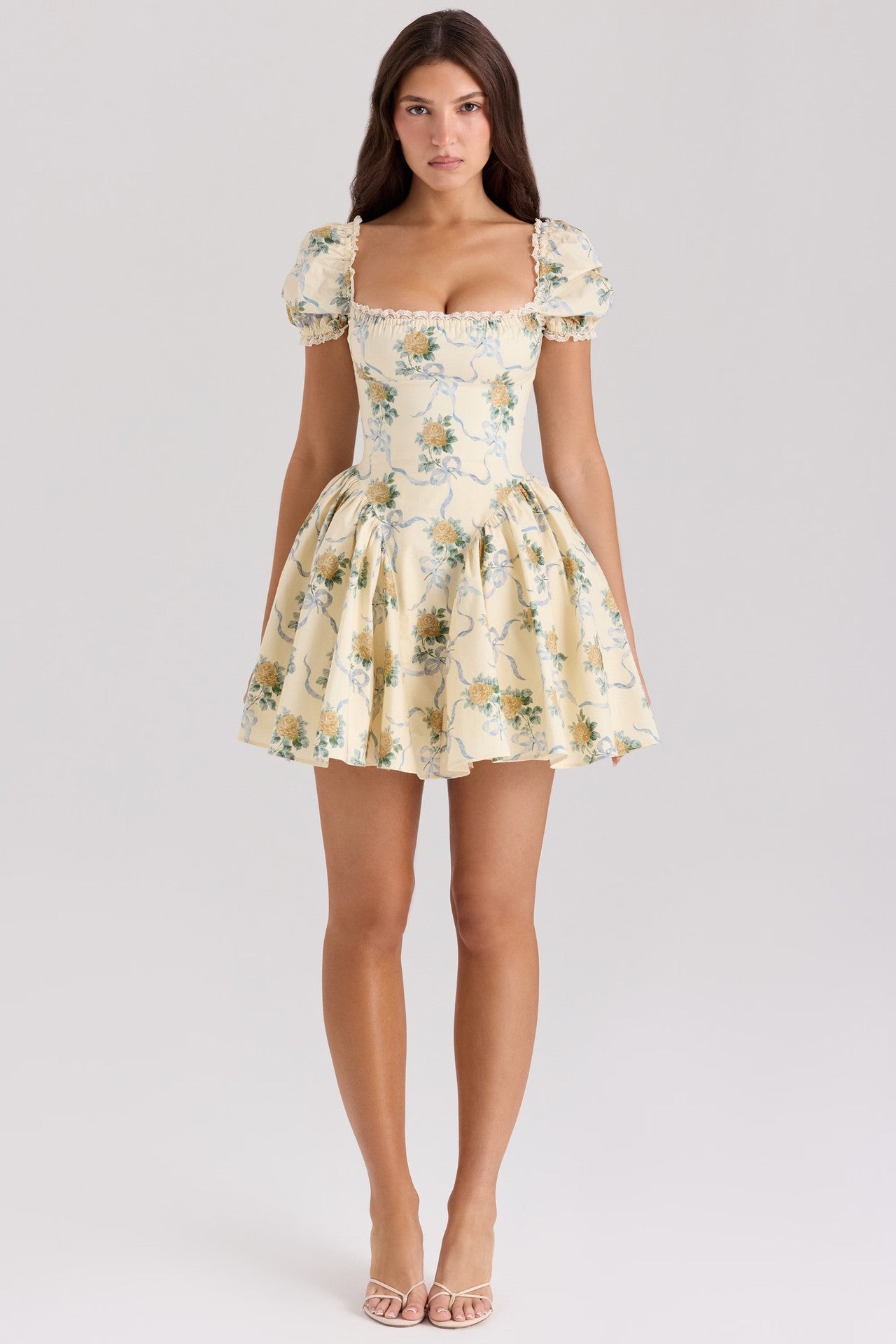 Floral Print Lace Square Neck Puff Sleeve Dress