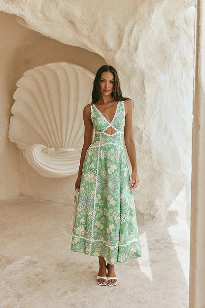 Floral Print Linen Blend A-Line Dress