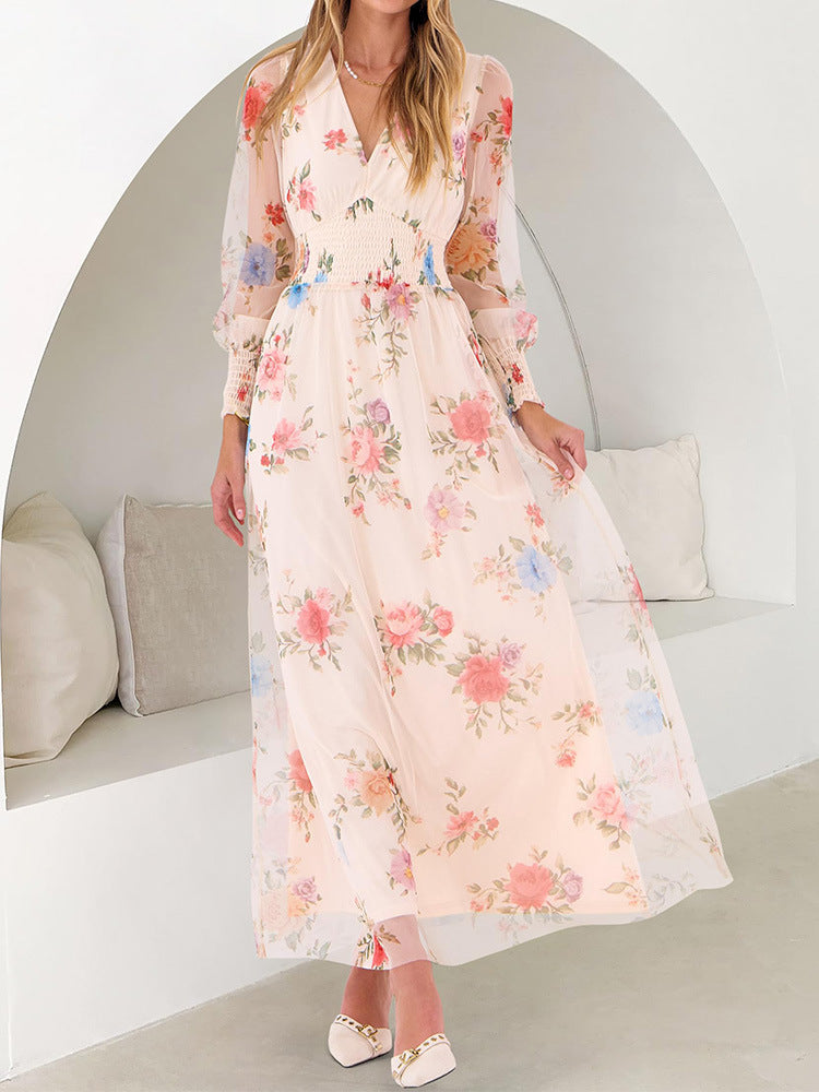 Floral Print Long Sleeve A-Line Dress