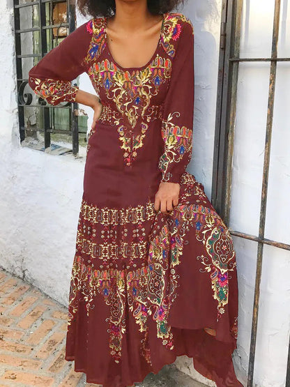 Floral Print Long Sleeve Dress with U-Collar