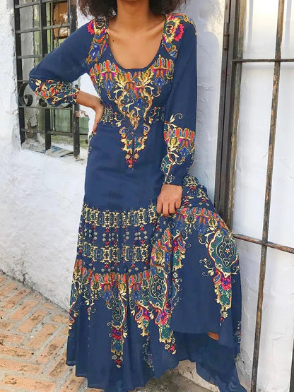 Floral Print Long Sleeve Dress with U-Collar