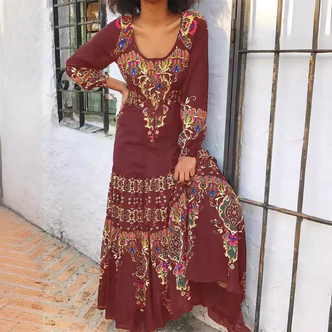Floral Print Long Sleeve Dress with U-Collar