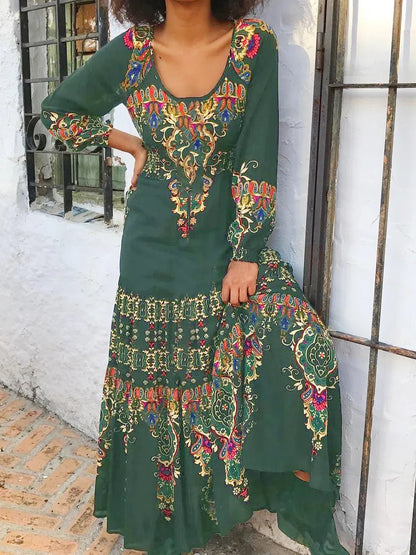 Floral Print Long Sleeve Dress with U-Collar