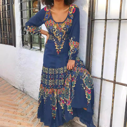 Floral Print Long Sleeve Dress with U-Collar