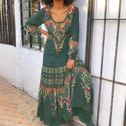 Floral Print Long Sleeve Dress with U-Collar