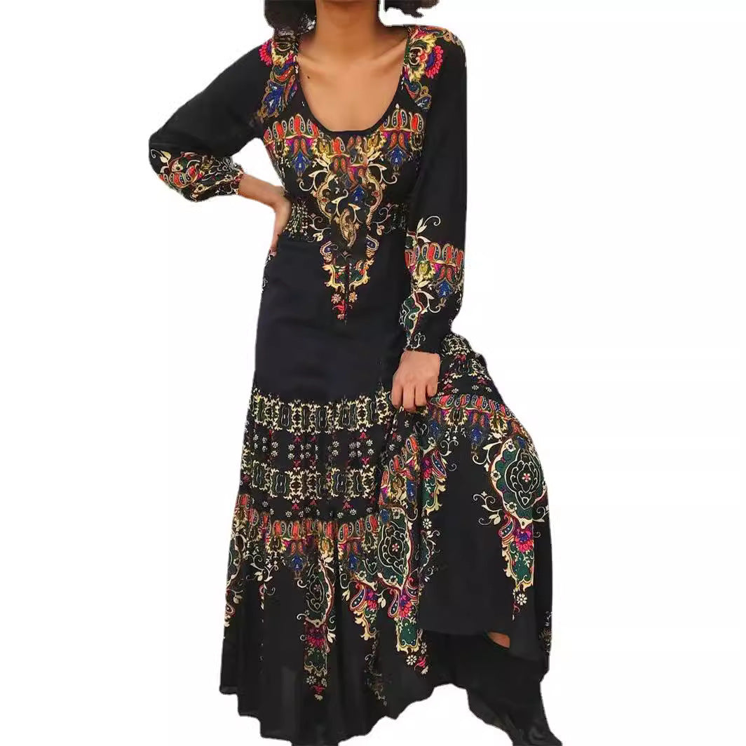 Floral Print Long Sleeve Dress with U-Collar