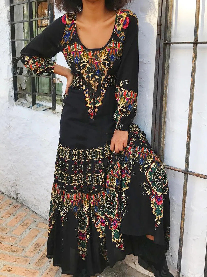 Floral Print Long Sleeve Dress with U-Collar