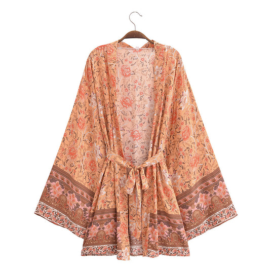 Floral Print Long Sleeve Kimono Beach Sun Protection Jacket