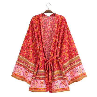 Floral Print Long Sleeve Kimono Beach Sun Protection Jacket