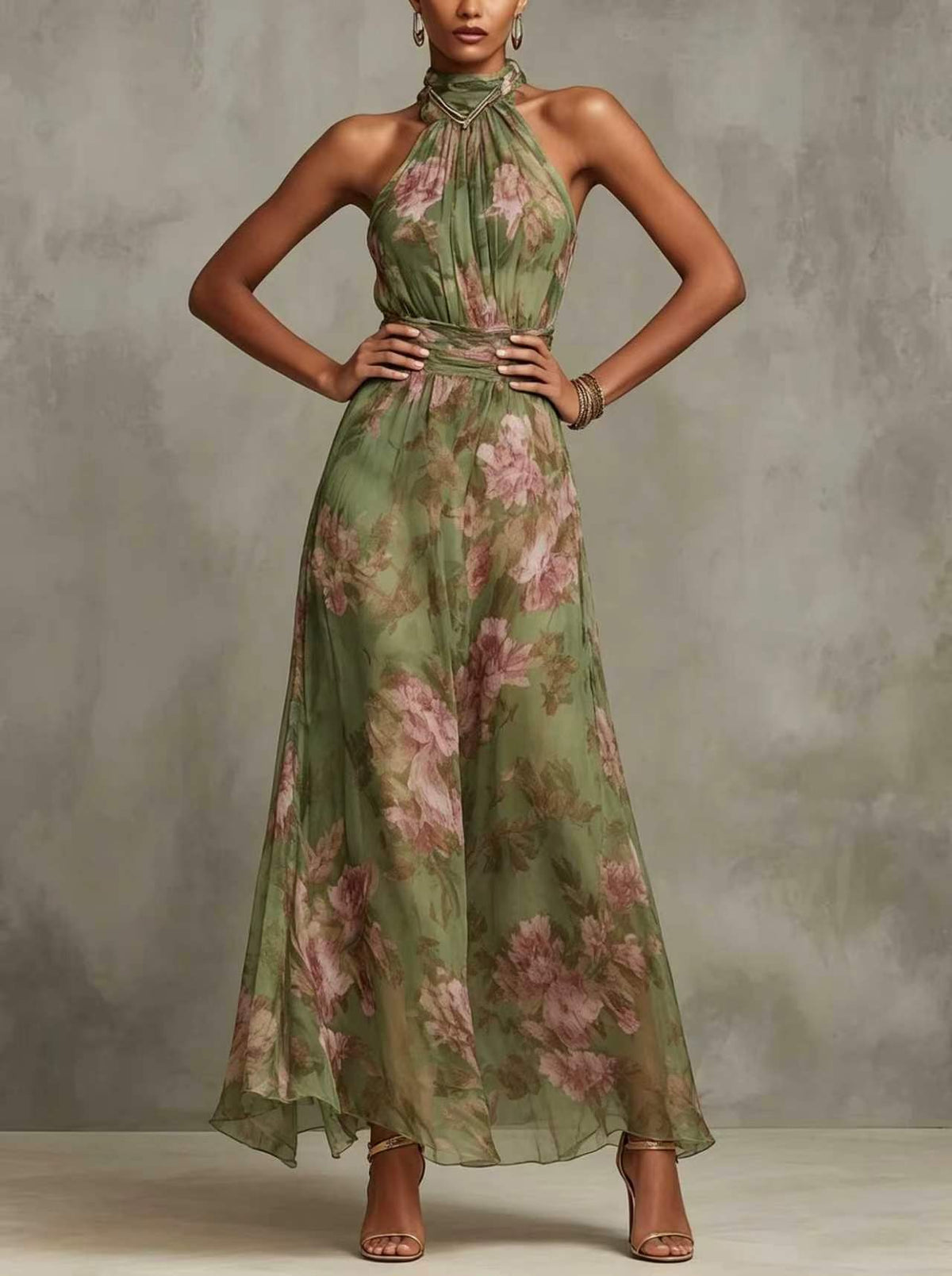 Floral Print Mesh Bodycon Long Dress with Slit