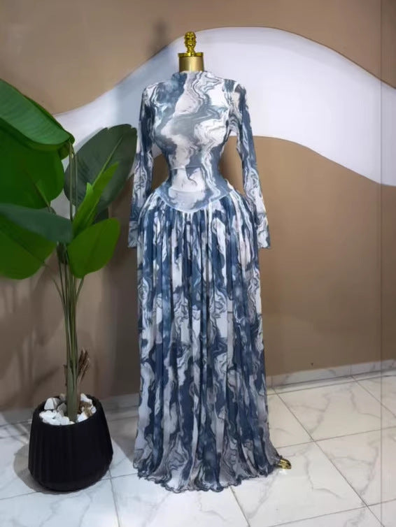 Floral Print Mesh Long Sleeve Dress