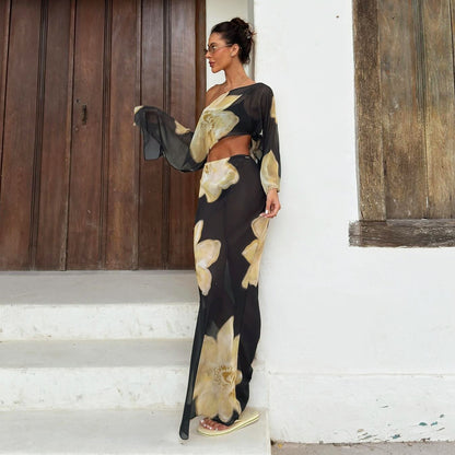 Floral Print One-Shoulder Crop Top and High-Waisted Skirt Set