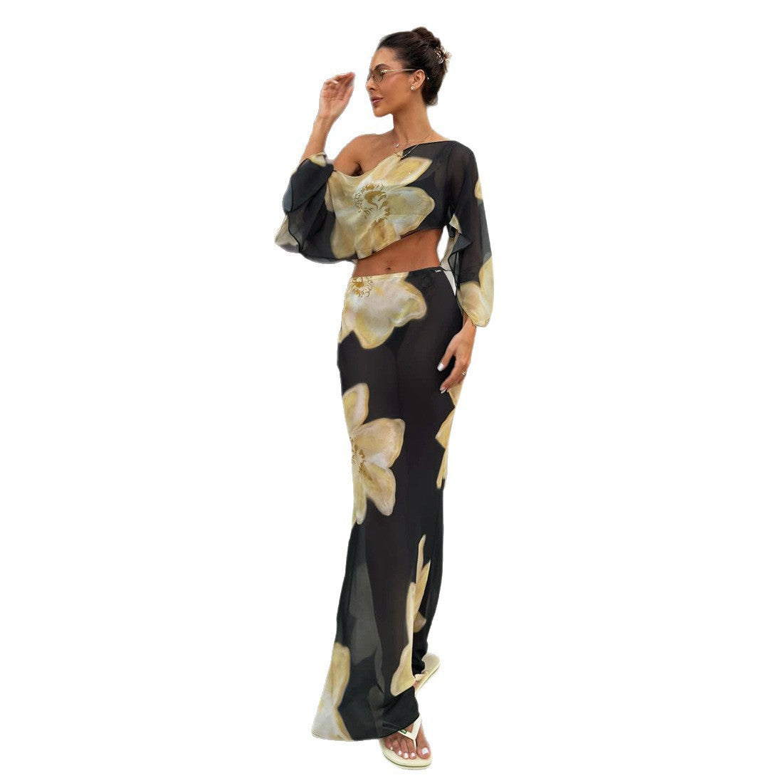 Floral Print One-Shoulder Crop Top and High-Waisted Skirt Set