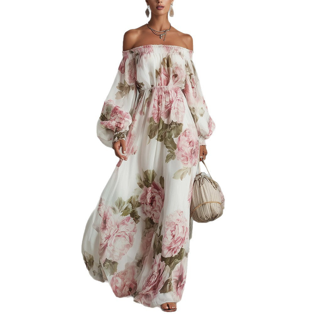 Floral Print One-Shoulder Lantern Sleeve Dress