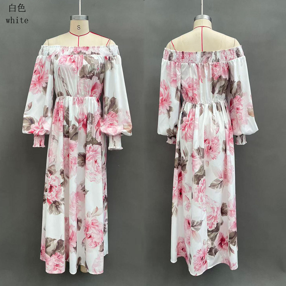 Floral Print One-Shoulder Lantern Sleeve Dress